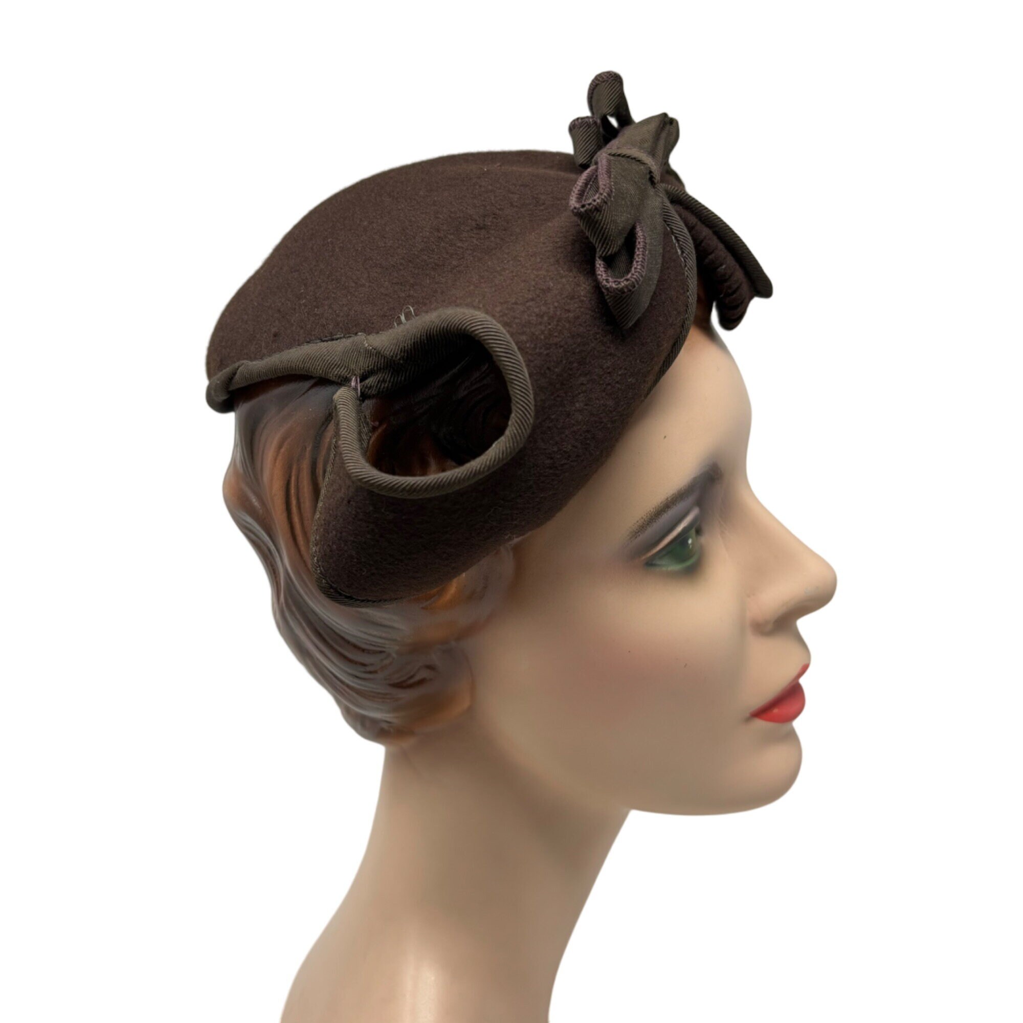 Vintage Bows Hat Scalloped Chocolate Brown Wool Calot Cap - Etsy display picture 1