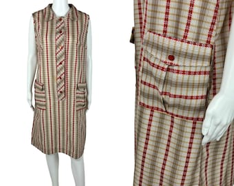 Vintage 60s Striped Shift Women's Large Red Hip Pockets Shirtdress