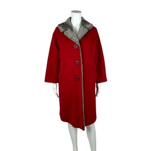 Vintage 50s Coat Cherry Red Gray Faux Fur Collar Lined Women&#39;s Overcoat