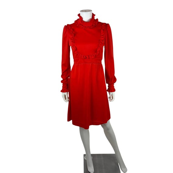 Vintage 70s Mini Dress Womens Small Red Ruffle Yoke Mockneck Mod Long Sleeve Polyester Vintage 70s Mini Dress Womens Small Red Ruffle Yoke Mockneck Mod Long Sleeve Polyester
