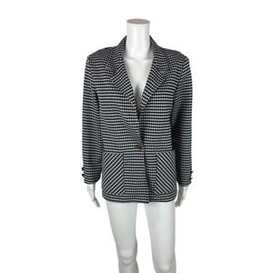 Vintage 80s Houndstooth Blazer Women&#39;s Large Black White Gold Button Suit Jacket