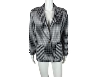 Vintage 80s Houndstooth Blazer Women's Large Black White Gold Button Suit Jacket