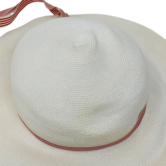 Vintage 1950s White Sun Hat Red Striped Ribbon Ch… - image 9