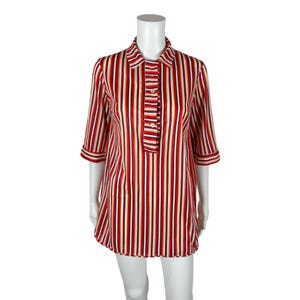 Camisa larga de nailon con rayas rojas pequeñas para mujer, estilo túnica vintage de los años 70