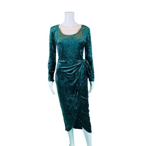 Vintage 90er Jahre Sarong Kleid Damen klein Waldgrün Crushed Samt Weihnachts Cocktail