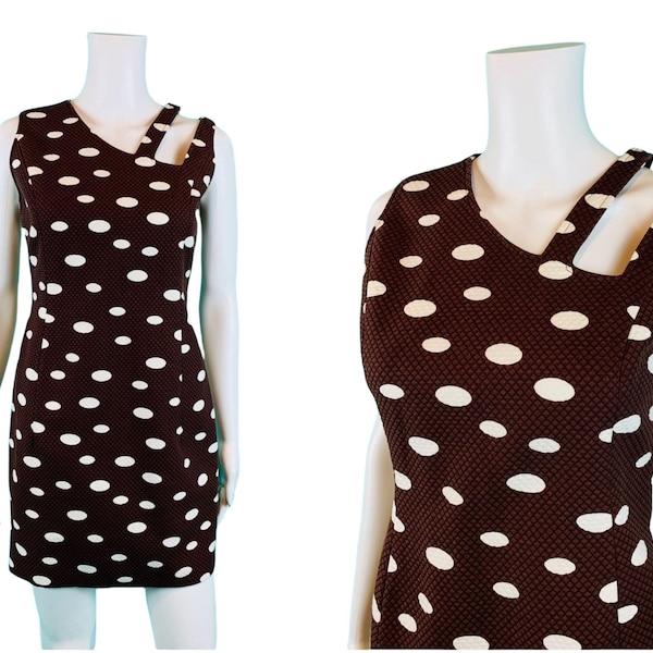 Vintage 1990s Cutout Mini Dress Brown Polka Dot Mod Retro | W 28"