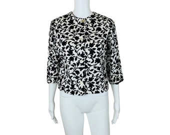 Vintage 50s Black White Top Floral Print 3/4 Sleeves Blouse Rockabilly B 41"