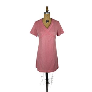 Vintage 70s Mini Dress Womens Medium Pink Marbled Mod Empire Babydoll