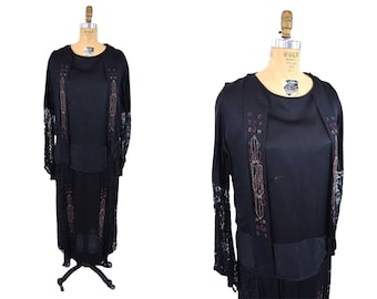 Vintage 1920s Beaded Dress Black Lace Silk Dropwaist Flapper Dress | W 42"