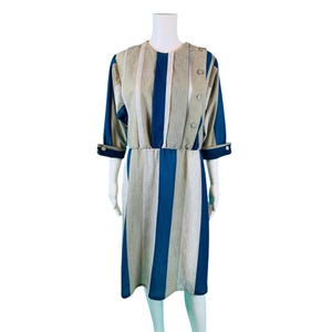 Vintage 80s Striped Dress Womens Extra Large Gray Blue Button Up Shirtdress