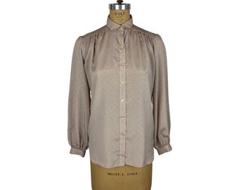 Vintage 80s Polka Dot Shirt Womens Medium Beige Black Button Down Top