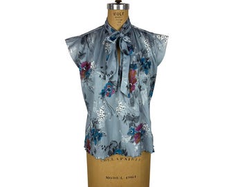 Vintage 70s Floral Top Womens M Pleated Tie Neck Sleeveless Secretary Blouse