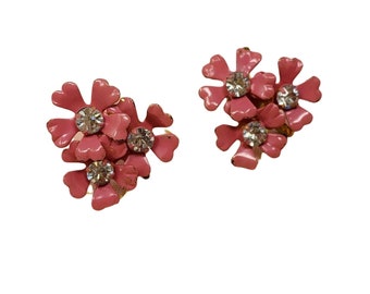 Vintage 1950s Screw Backs Pink 3 Flower Rhinestone Earrings