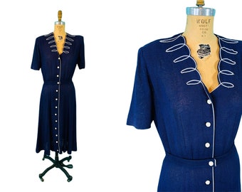 Vintage 1940s Blue Dress Scroll Neckline Shirtdress Packables | W 28"