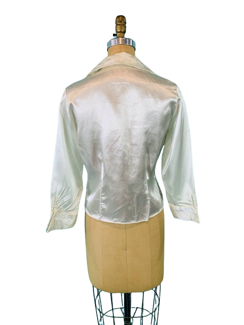 Vintage 1950s Satin Blouse White Embroidered Rhinestone Button Etsy