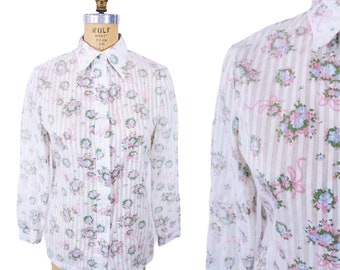 Vintage 1980s Floral Blouse White Pink Long Sleeve Top | W 34"