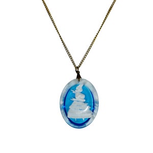 Vintage Cameo Necklace Blue Clear Carved Colonial Woman