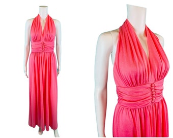 Vintage 1970s Halter Dress Hot Pink Barbie Gown | W 27"