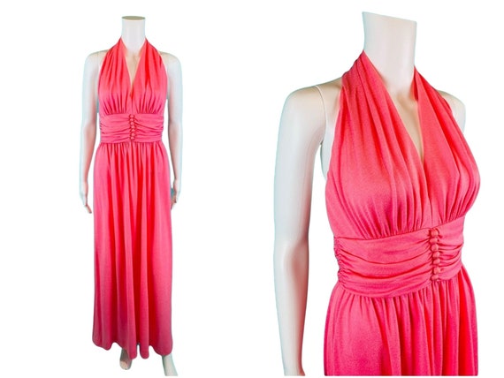 Vintage 1970s Halter Dress Hot Pink Barbie Gown |… - image 1