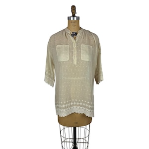 Vintage 70s Sheer Shirt Womens Large Beige Dotted Embroidered Mandarin Collar Tunic