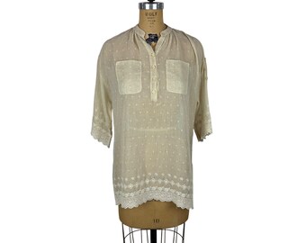 Vintage 70s Sheer Shirt Womens Large Beige Dotted Embroidered Mandarin Collar Tunic