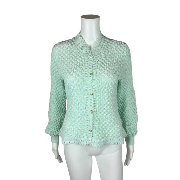 Vintage 60s Aqua Cardigan Bubble Knit Sheer Acrylic Sweater Crochet Grandma