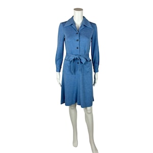 Vintage 70s Blue Dress Women&#39;s Small Polyester Long Sleeve Mini Belted Shirtdress Pointed Collar