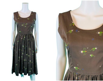 Vintage 1950s Firefly Lightning Bug Dress Novelty Print Brown Cotton Sundress | W 27"