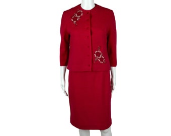 Vintage 60er Jahre Pullover Set Damen Extra Small Rot Wolle Cardigan Top Rock Passendes Outfit