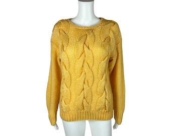 Vintage 80s Knit Sweater Butter Yellow Acrylic Braided Pullover