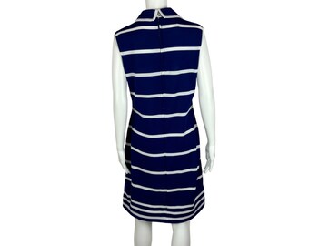 Robe Vintage Années 60 Rayée Bleue - Coton - 2 Poches Brodées - Taille 74-80 - Occasion Très Bon État