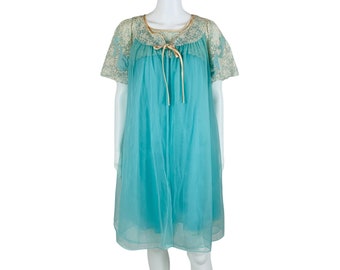 Vintage 60s Peignoir Set Aqua Blue Lace Nightgown Lingerie Boudoir