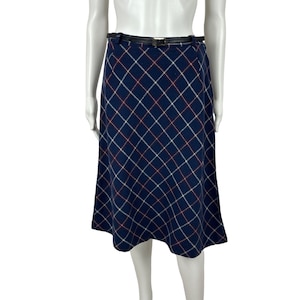 Vintage 70s Checkered Skirt Women&#39;s Small Wool Blue Red Academia Belted A Line