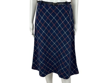 Vintage 70s Checkered Skirt Women's Small Wool Blue Red Academia Belted A Line