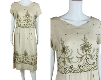Vintage 1950s Beige Linen Dress Yellow Embroidery Volup | W 35"