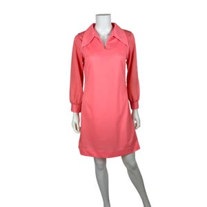 Vintage 70s Collared Dress Womens Small Solid Coral Pink Long Sleeve Mini