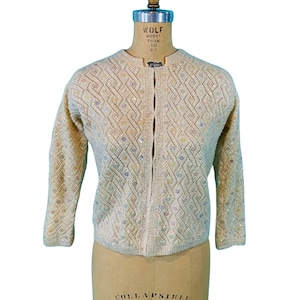 Vintage 60s Sequin Cardigan Womens Medium Jeri-Jo Cream Knit Sweater