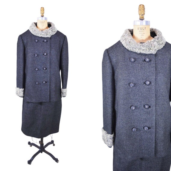 Vintage 1950s Wool Suit Set Charcoal Gray Fur Col… - image 1