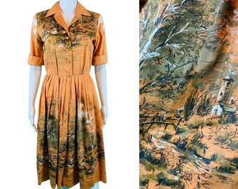 Vintage 1950s Novelty Print Dress Scenic Romantic Orange Shirtdress | W 25"