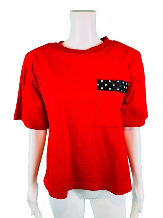 Vintage 1990s Red Cropped Tee Solid Cotton T-Shir… - image 4