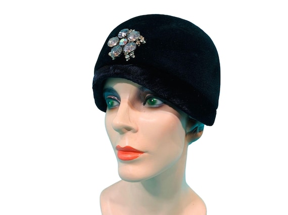 Vintage 1950s Shako Black Rhinestone Glamorous Hat - image 1