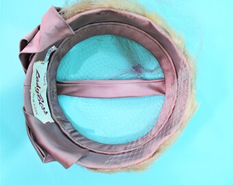 Vintage 1950s Tan Fur Pillbox Hat Lady Bess Mauve Satin  display picture 1