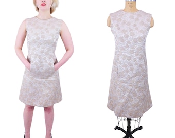 Vintage 1960s Brocade Dress Mod Beige Floral Cocktail Shift | W 30"