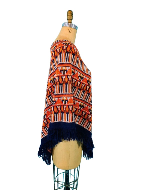 Vintage 1970s Knit Cape Bohemian Navy Ikat Poncho… - image 8