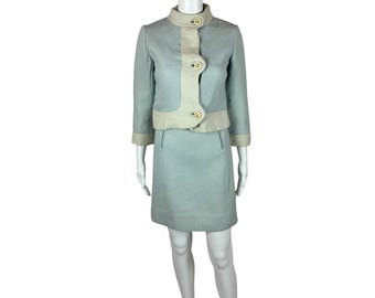 Vintage 60s Suit Set Women&#39;s XXS Mod Baby Blue Wool Colorblock Jacket Skirt Outfit Set Bonwit Teller