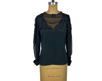Vintage 80er Jahre Schwarzes Shirt, Frauen Kleine Schiere Ärmel Passe Mieder Sexy Abend Top