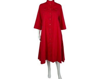 Vintage 70s Trench Dress Women's Large Bright Red Mod Button Up Tent Shirtdress Serbin