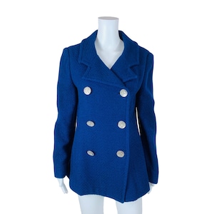 Vintage 1960s Blue Pea Coat Boucle Silver Shield Buttons