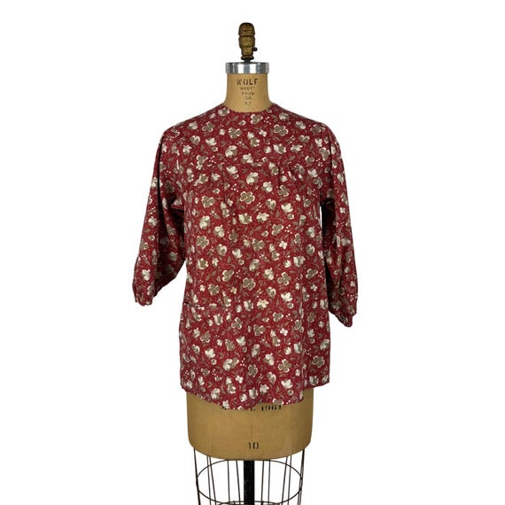 Vintage 70s Smock Top Womens Small Handmade Red F… - image 2