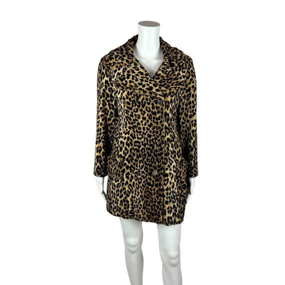 Vintage Leopard Print Jacket Women's Medium 60s Faux Fur Pea Coat
